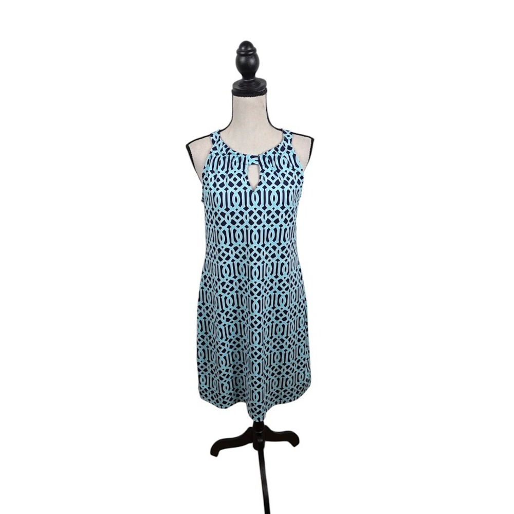 Lulu-B Dress Women Medium Blue Geometric Keyhole Neck Sleeveless Shift Casual